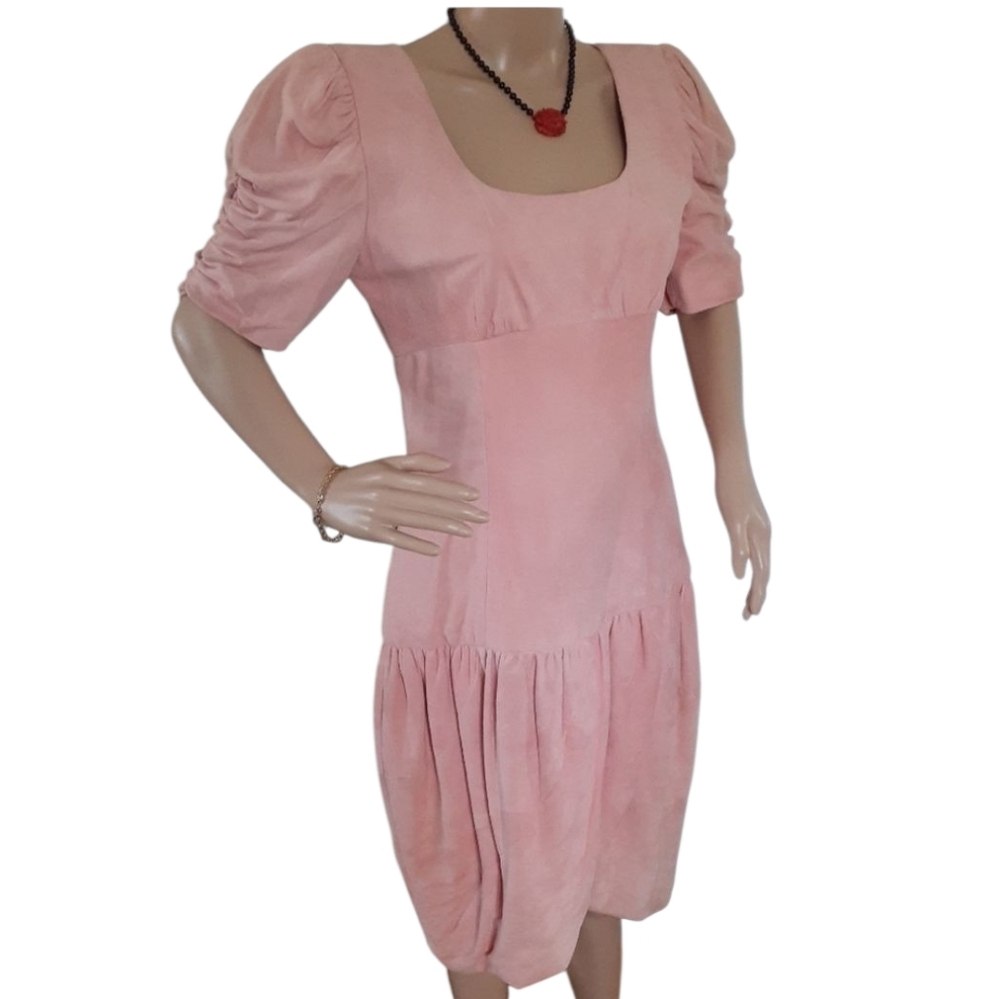 Jayna Vintage Pink Suede Modest Puff Sleeve Tulip Style Drop Waist Dress